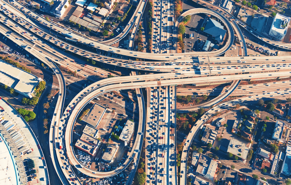 Aerial view of a massive highway intersection in Los Angeles