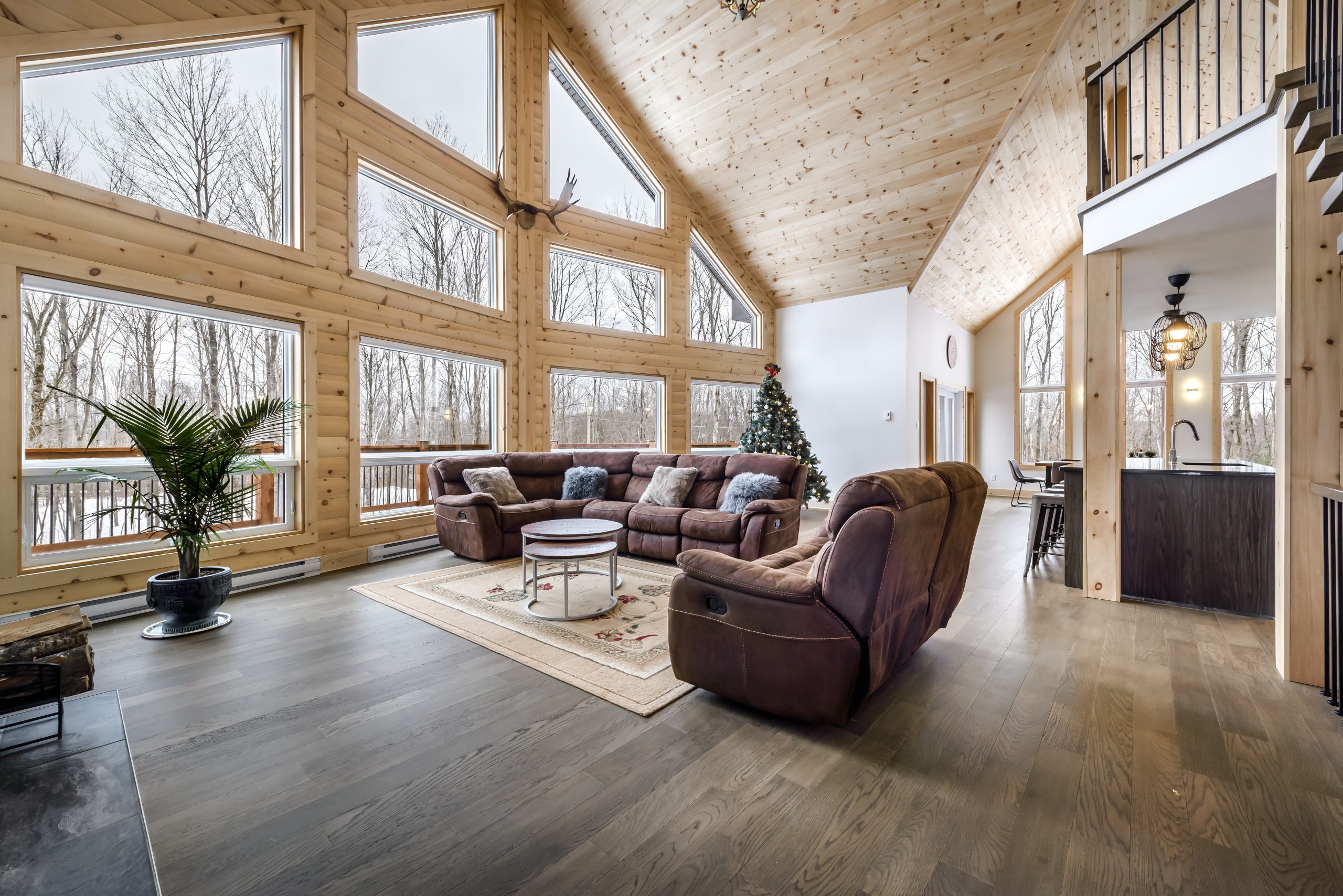 log home interior in winter
