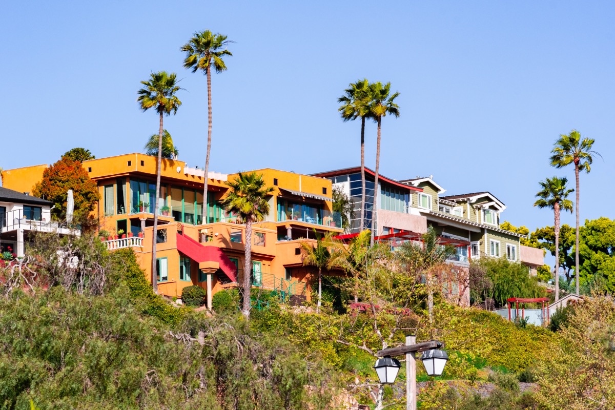 Hillside homes in a San Diego residential neighborhood, part of the cost of living in San Diego