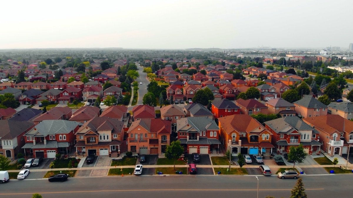 Aerial view of a suburban single-family home neighborhood